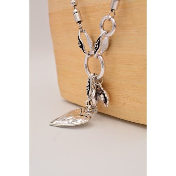 Chunky Charm Pendant Necklace Shiny Silver Tone Ball Heart Hammered Chain Bin2 - Picture 9 of 12